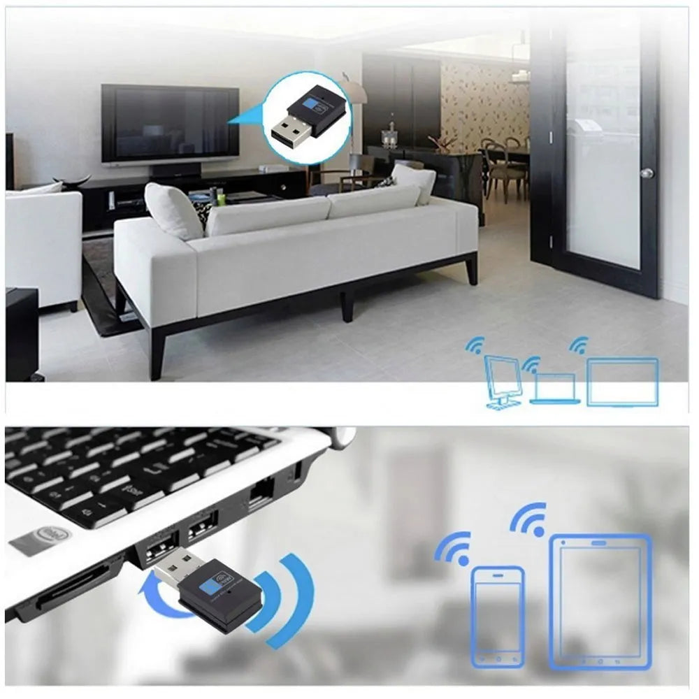 Black 300M mini USB WiFi adapter with RTL8192EU chip, measuring 3.3 x 1.5 x 0.7cm, for Windows, Linux and MAC OS