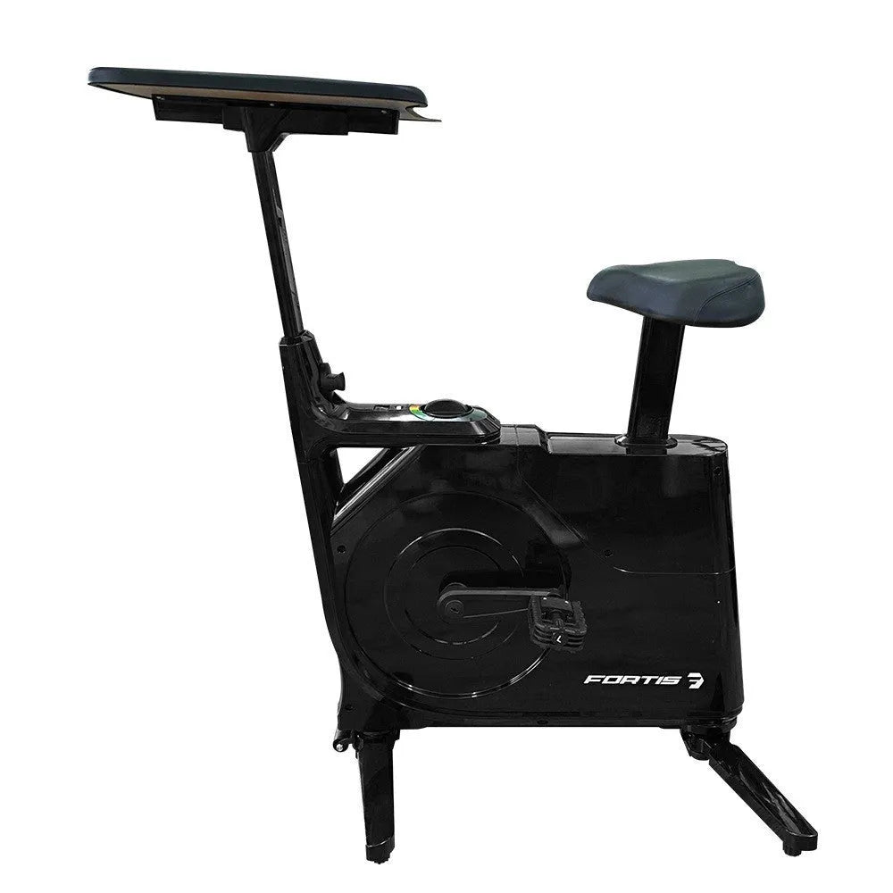 Black upright magnetic control exercise bike with table for small household fitness and home cycling workouts