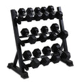 Black three-layer dumbbell rack, 940 x 500 x 950mm, square tube and angle iron frame for home gym storage