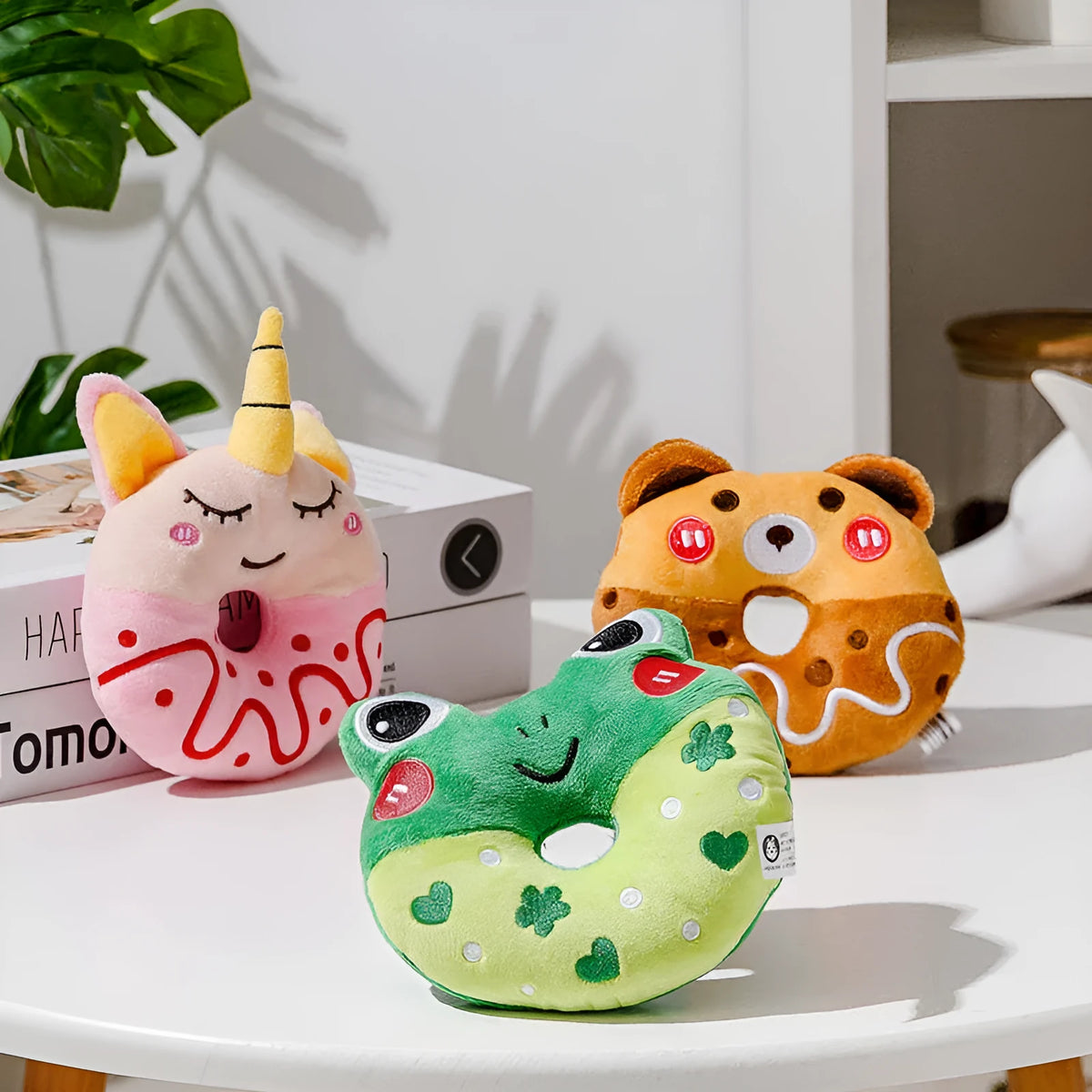 Plush donut sound toy for small and medium pets in bear, frog and unicorn colours with PE bag