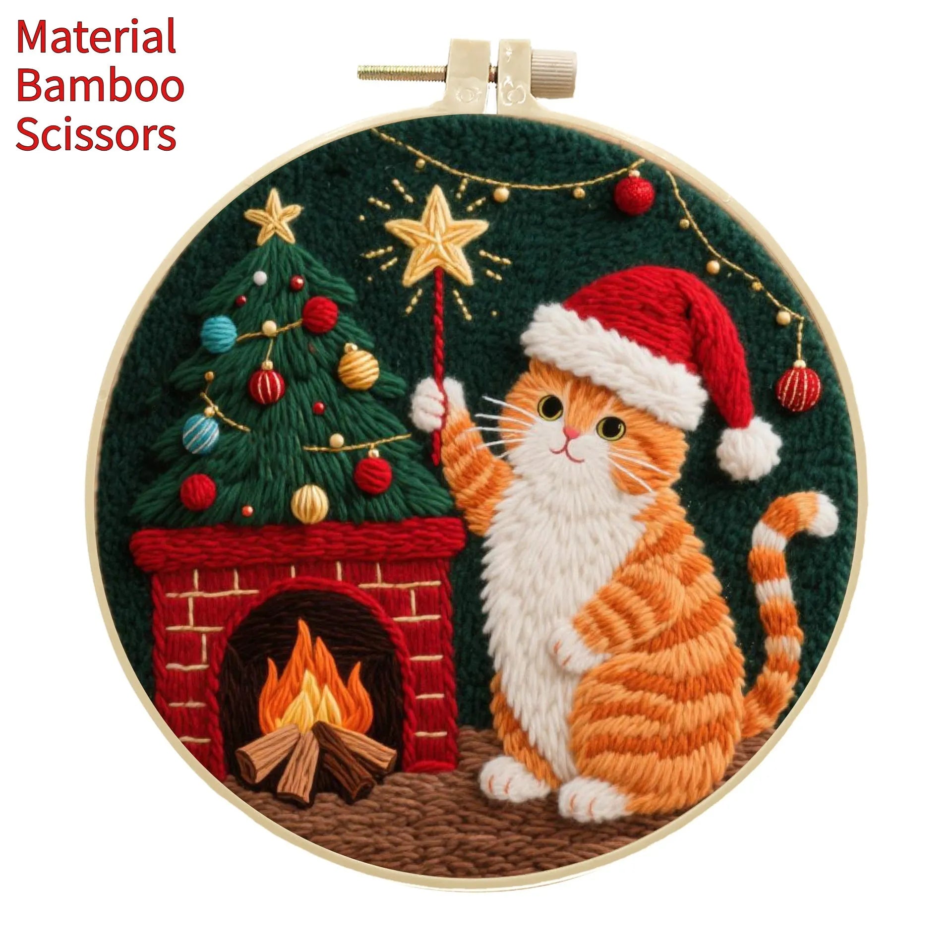 Cotton linen embroidery kit with autumn fruit pattern, imitation bamboo hoop, and scissors on wooden table