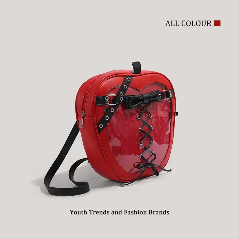 Red heart-shaped PU shoulder bag with stitched seams and single strap