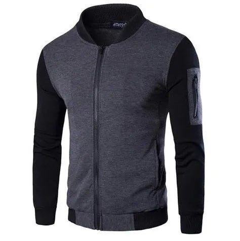 Men's patchwork sleeve jacket in Black, Gray, or PU Gray, Asian sizes M to XXXL with size chart measurements