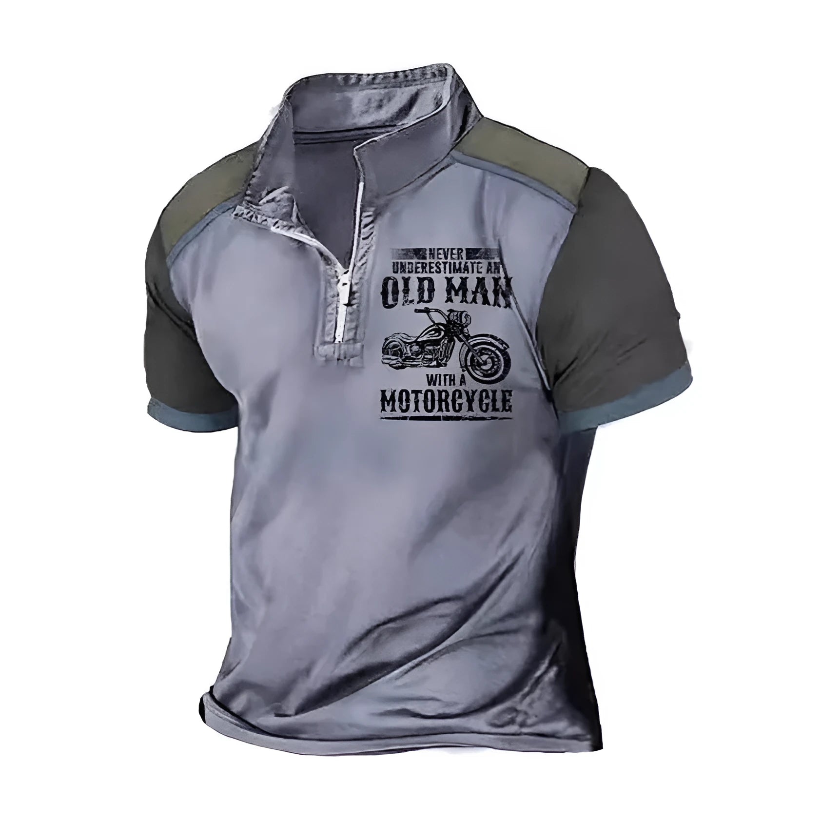 Men's casual polo shirt with lapel collar, digital printed letters, and zipper decoration details.