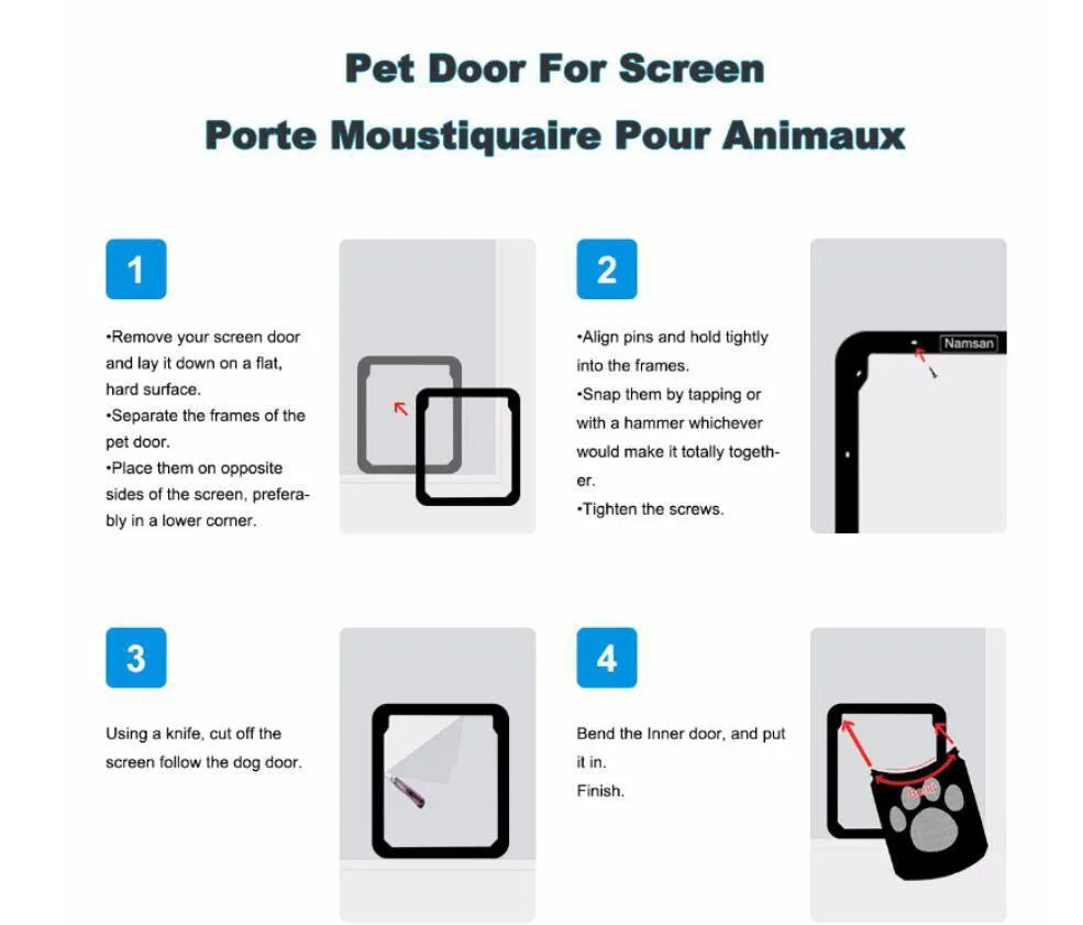 Lockable black pet screen door with ABS frame and nylon mesh for small cats and dogs on a screen window
