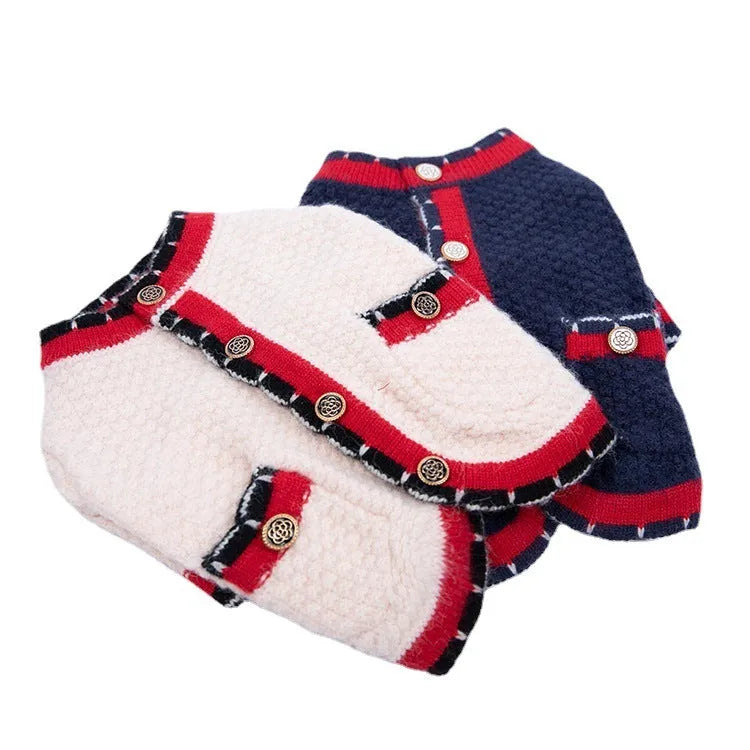Blue wool sweater cardigan for dog in princess style with tailored pet fit