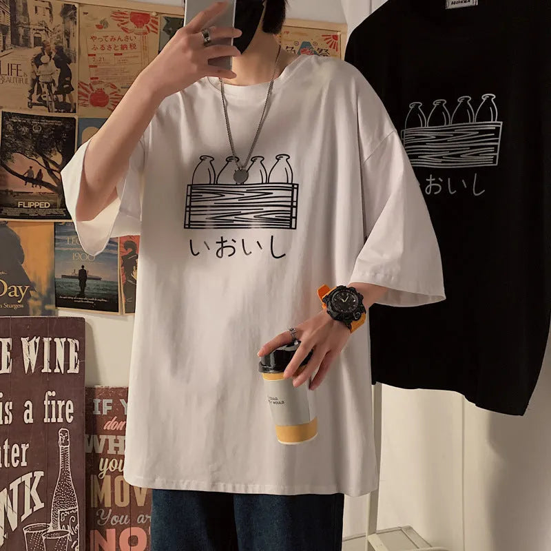 Printed Hong Kong style t-shirt in black or white, loose fit short sleeve cover head neckline, sizes 3XL to L