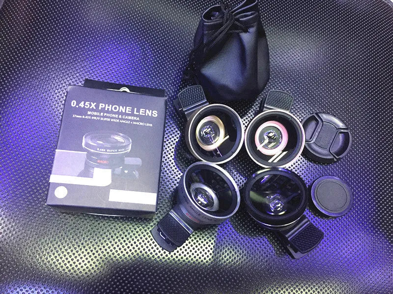 0.45X wide angle smartphone lens kit with macro attachment and universal clip mount in metallic finish