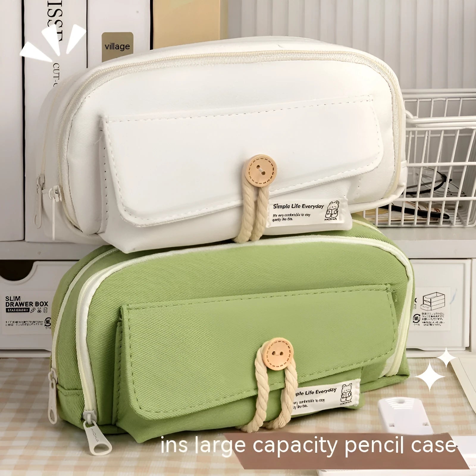 Green canvas pencil case with button closure, large capacity for pens.