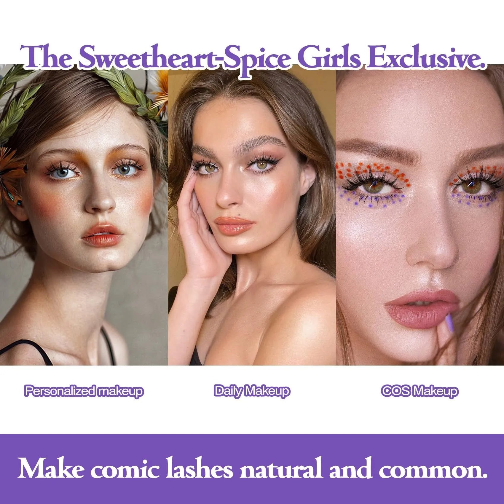 Five pairs of natural wispy manga false eyelashes in a tray, anime cosplay makeup style