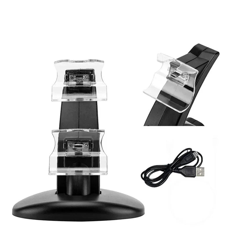 Black dual charging stand holding two Xbox One controllers upright for simultaneous USB charging.