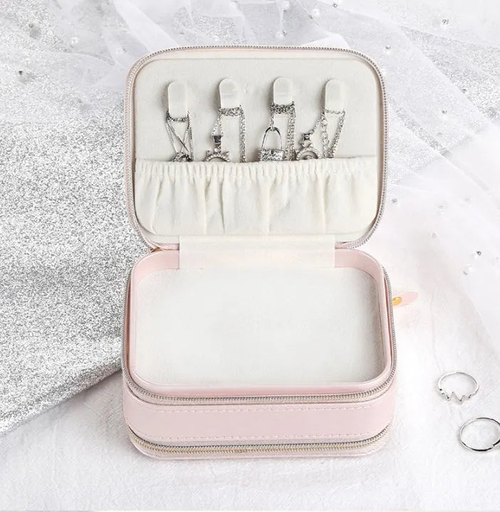 Portable PU leather jewellery box with three-layer storage in blue colour