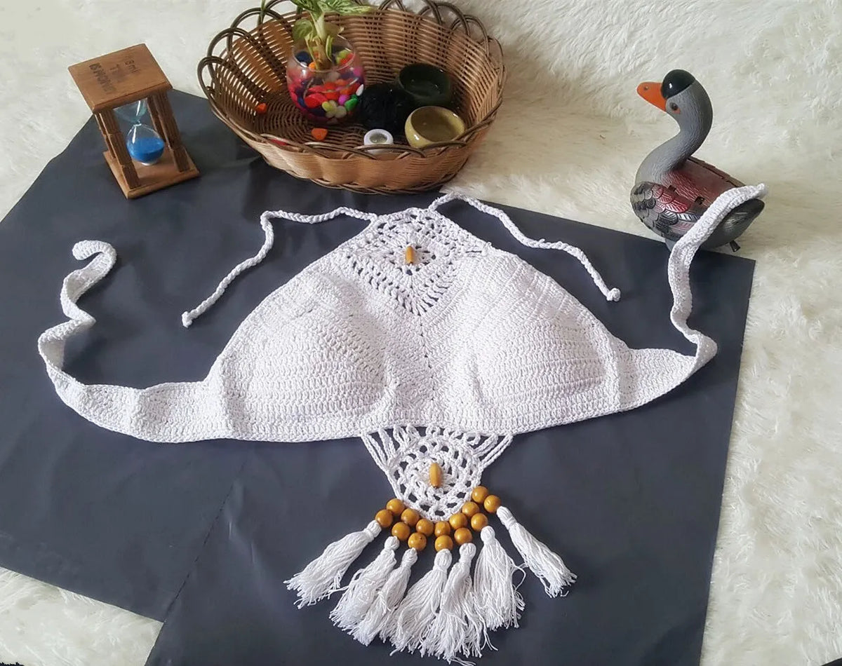 Women's crochet tassel bikini set in black, khaki, or white, sizes S M L, two-piece swimsuit for beach and pool