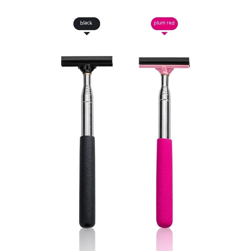 Multi-function telescopic rearview mirror wiper in black, folded at 22cm, with ABS handle and stainless steel shaft