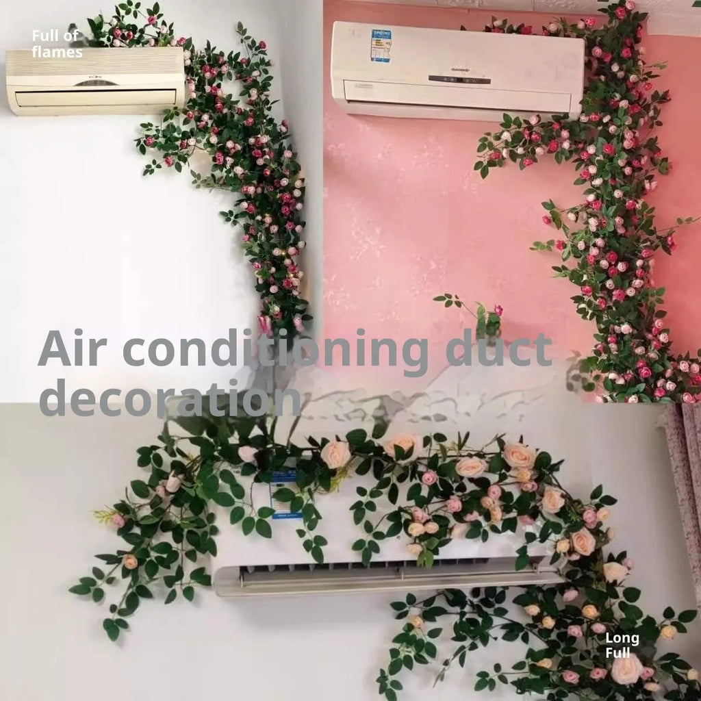 Artificial fake rose flower rattan for air conditioning pipe occlusion balcony decor with wire leaves and coloured lanterns