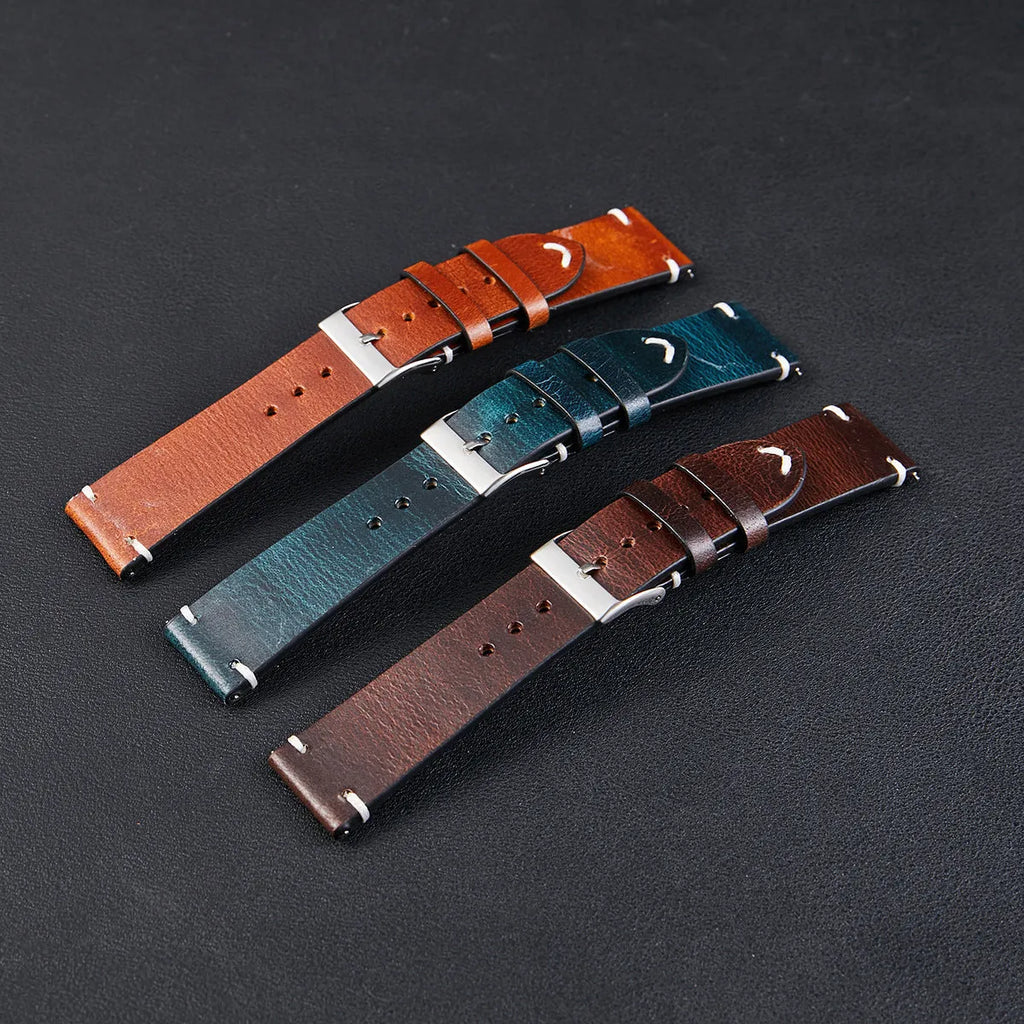 Italian oil wax discoloration leather watch strap in six colours with quick-release pins, 20mm and 22mm sizes