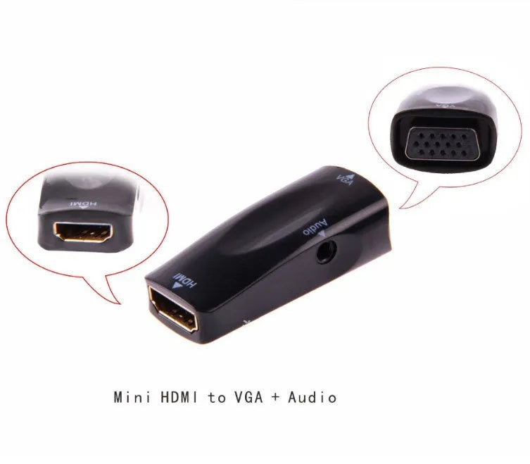 Black and white HDMI to VGA adapter cable converter showing compact size