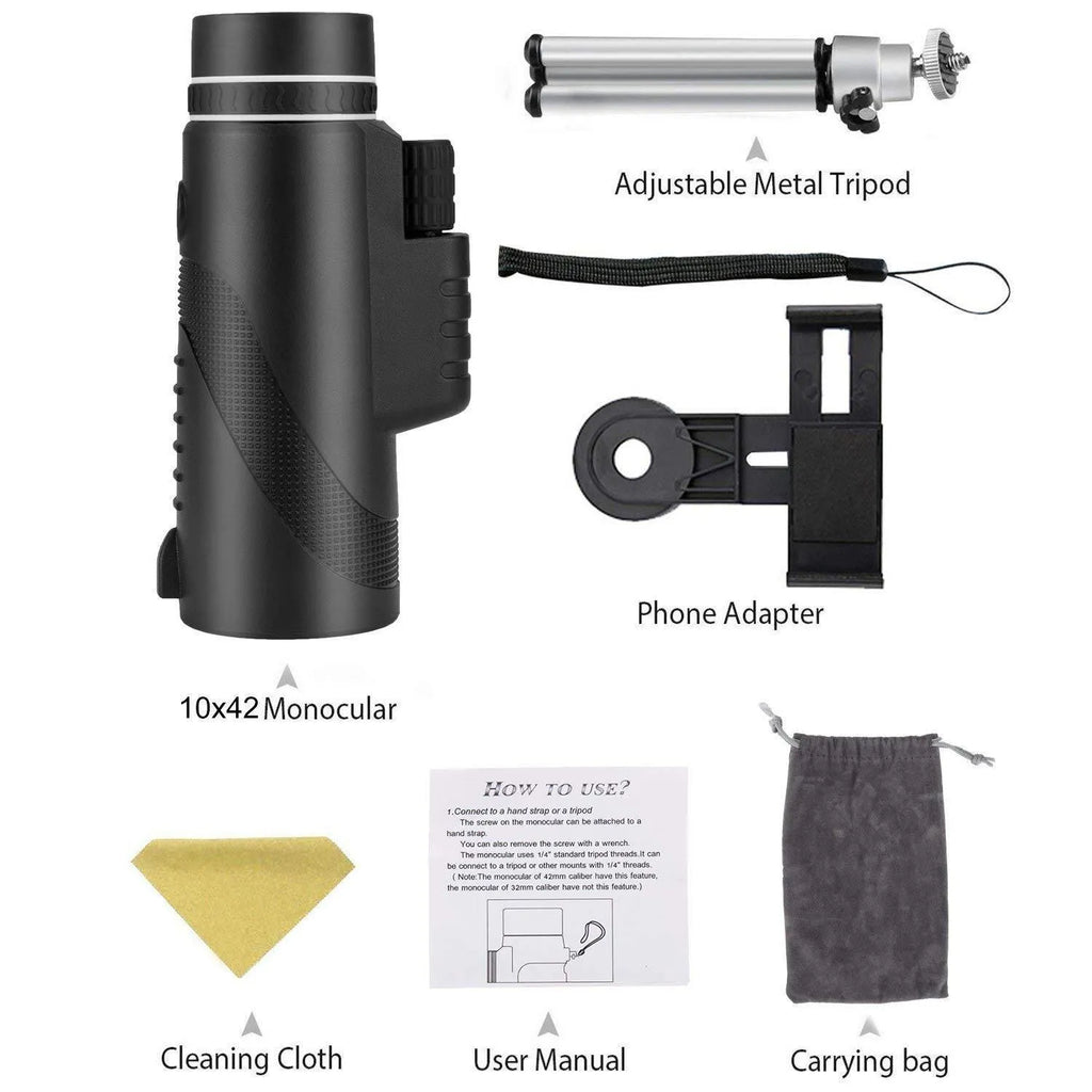 Black 40x60 smartphone monocular telescope with 144mm length on a table.