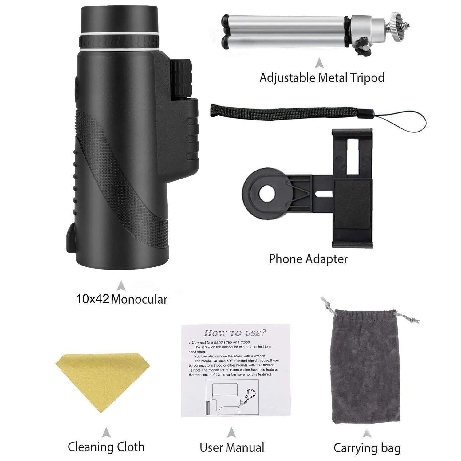 Black 40x60 smartphone monocular telescope with 144mm length on a table.