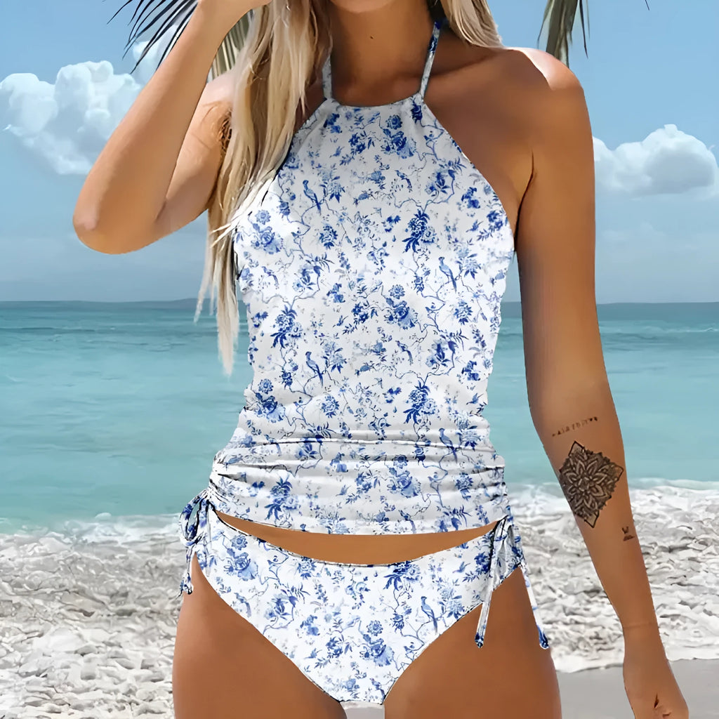 Pattern bikini beach swimsuit set in high-waist backless style, polyester fibre, multiple colour options