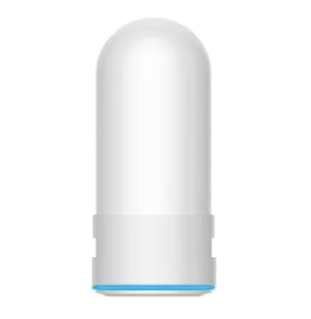 White kitchen faucet water filter with ceramic cartridge and universal thread adapters for tap mounting.