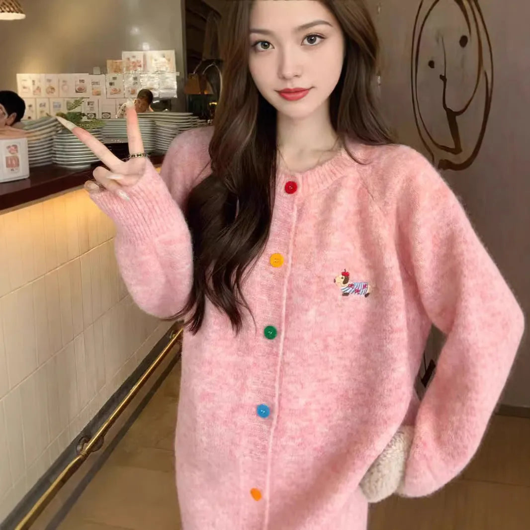 Women's round neck long sleeve cardigan with puppy pattern and buttons, acrylic knit, free size, 50cm length