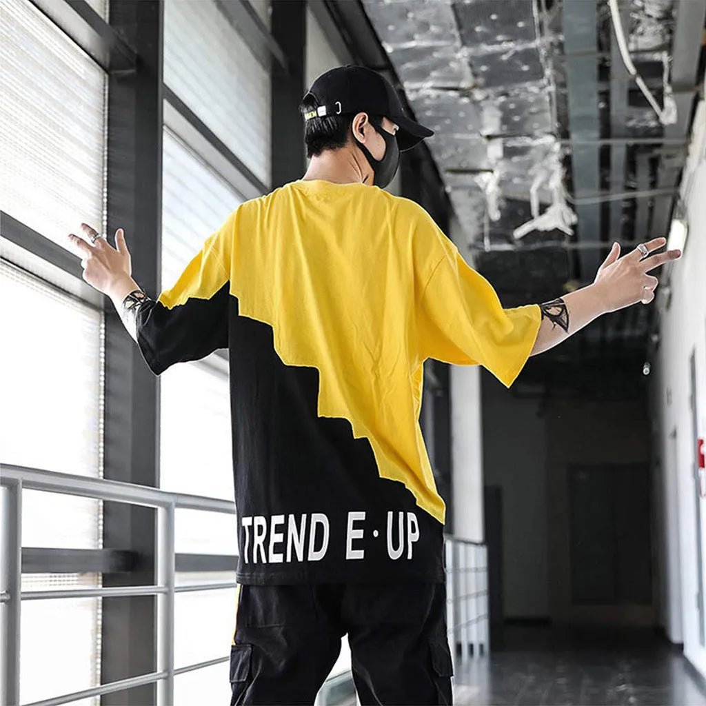Short-sleeved polyester t-shirt in black and red, black and yellow or black and white, sizes M to XXL, bust 120-132cm