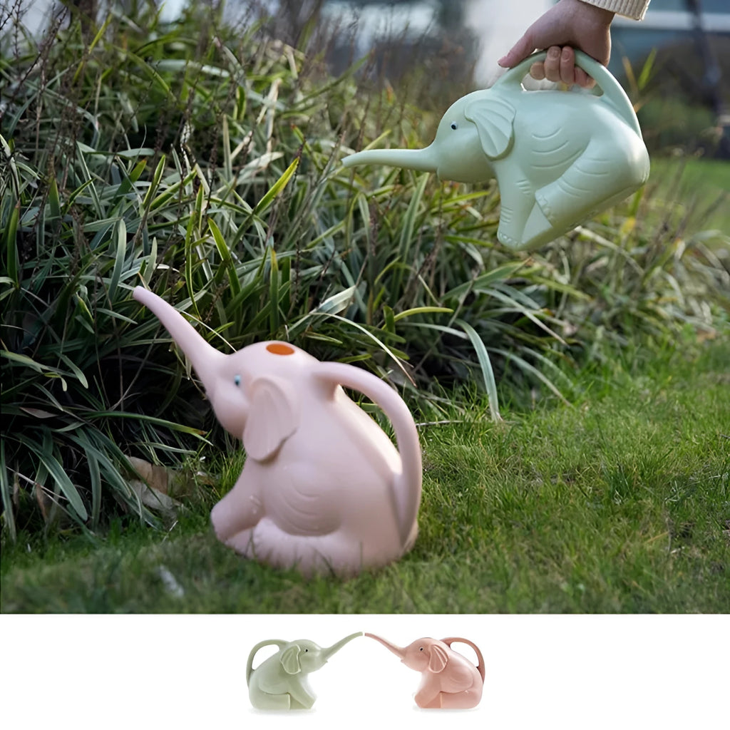 Pink baby elephant shaped plastic watering can with a long spout and bottle-style handle.