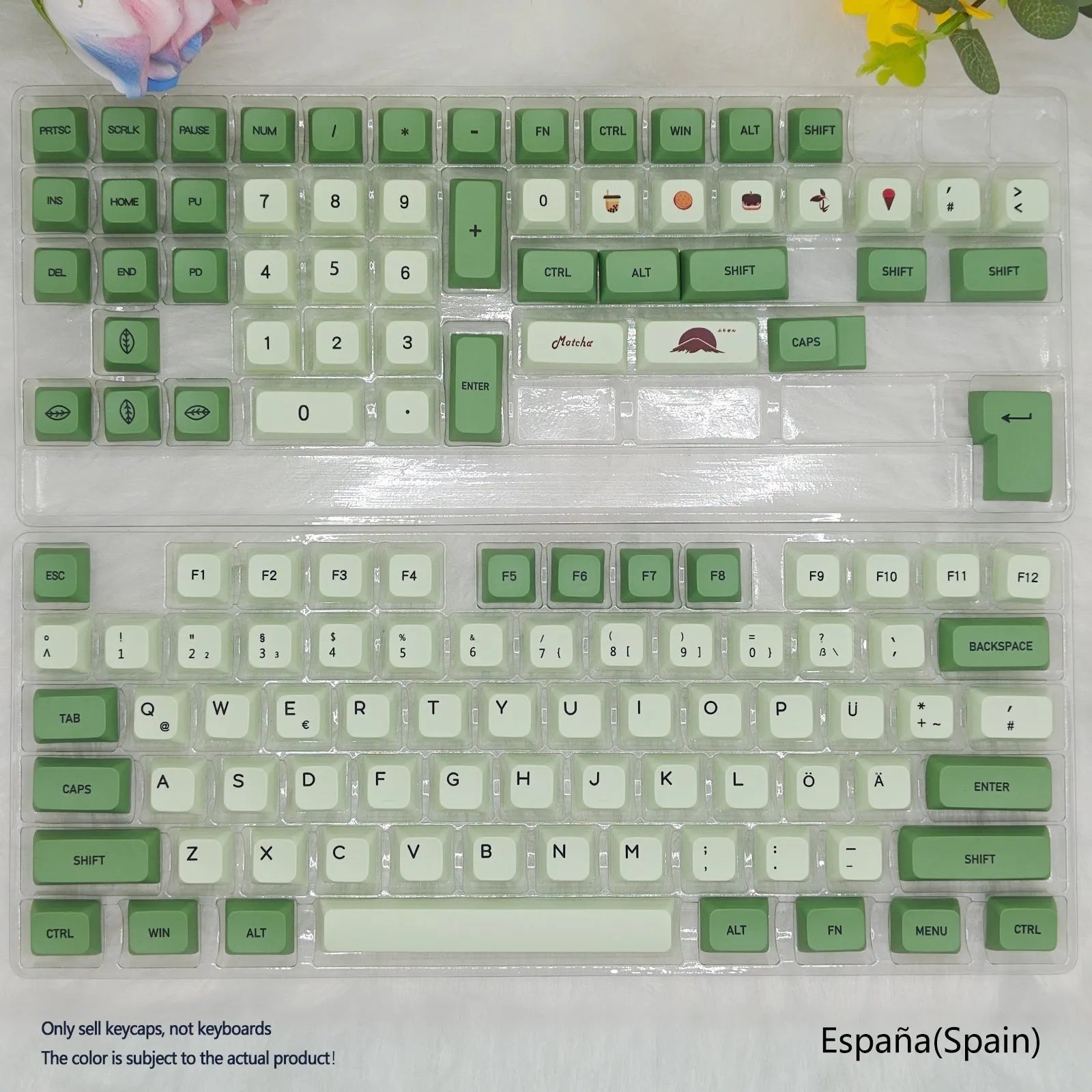 124 PBT dye-sublimation keycap set in matcha green colour on a keyboard.