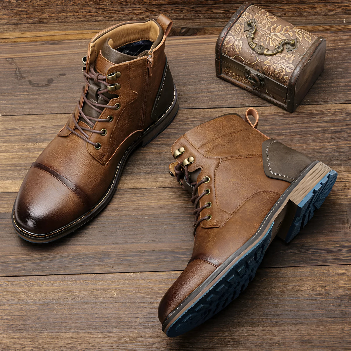 Men's high-top boots in light brown artificial PU with flat heel and lace-up front, sizes 39-50