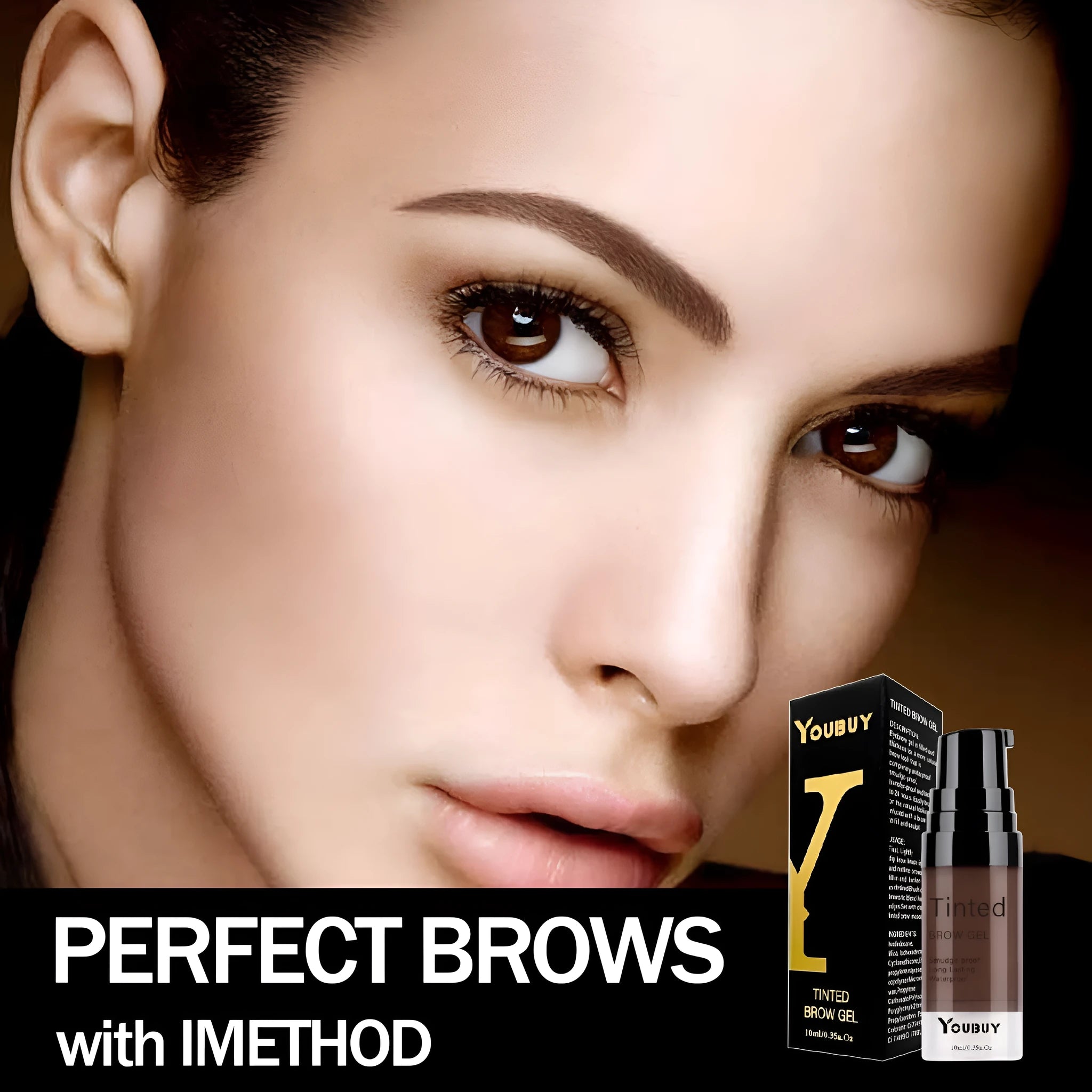 Waterproof brow cream tube in dark grey or golden yellow shades with eyebrow dye formulation