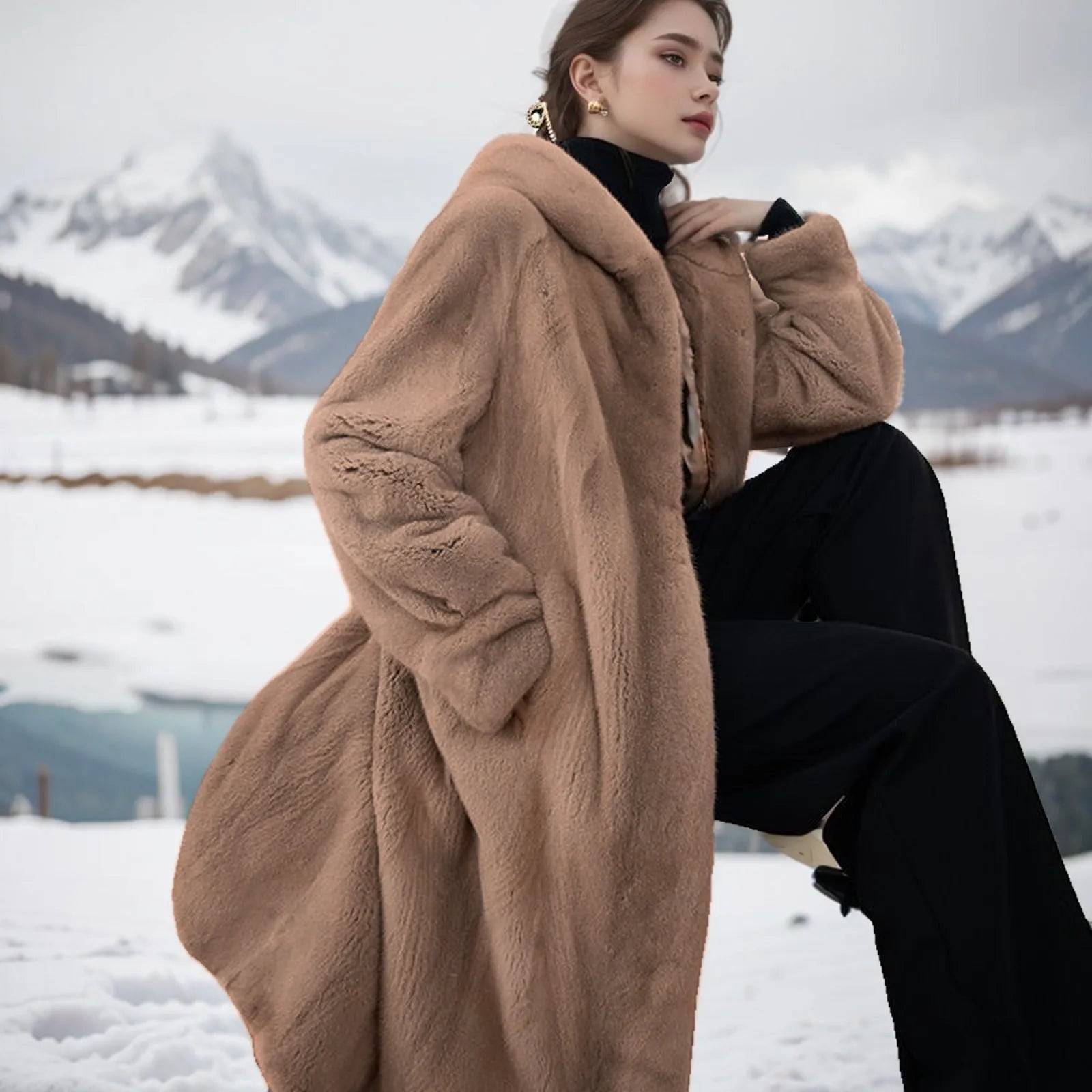 Long brown leopard print faux fur coat on a model, showing loose plus-size fit and regular sleeves.