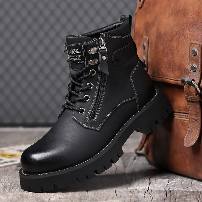 Men's brown high-top leather boots with a side zipper and mid heel.