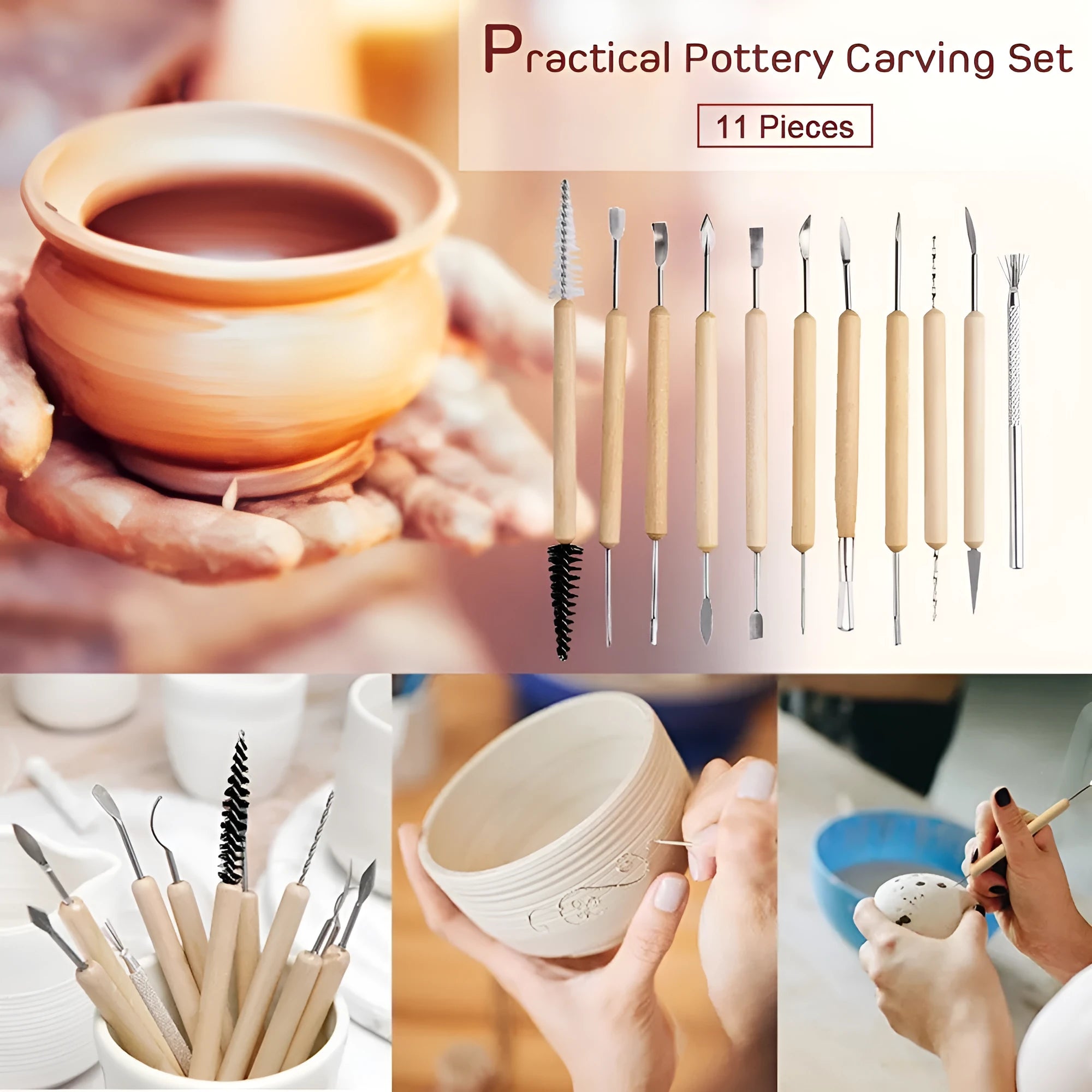 11-piece clay tools set for pottery repair and billet preparation work