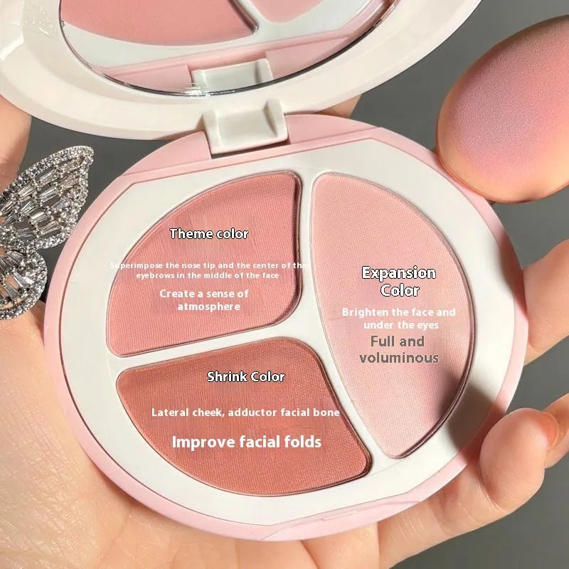 Mood tricolor blusher palette with matte rouge shades for face brightening