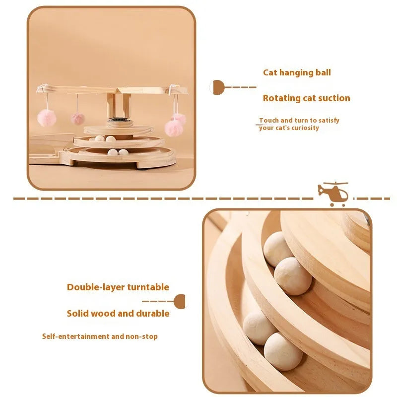 Solid wood cat scratching board toy with rotating turntable mechanism and felt mouse accessories