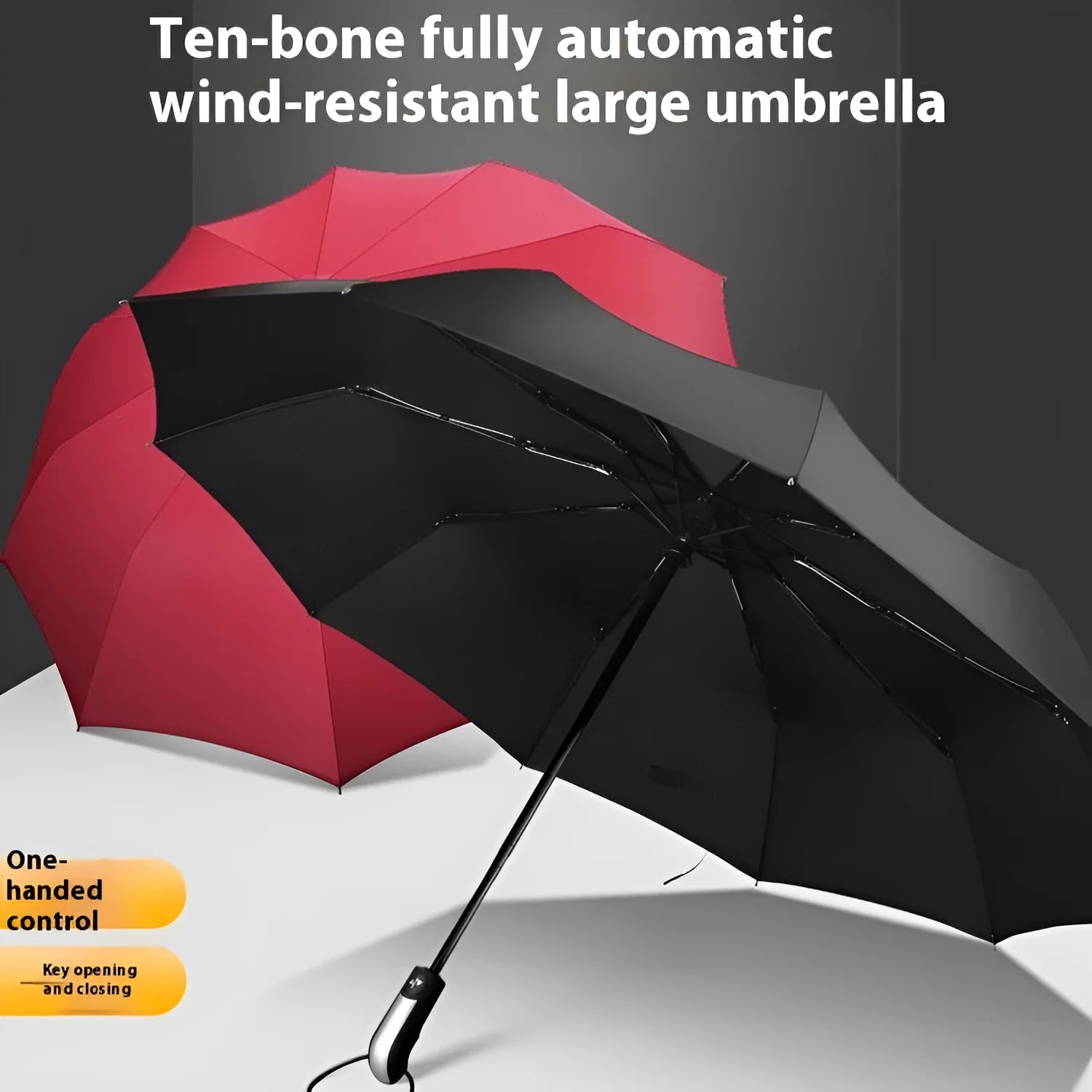 Black triple-fold automatic umbrella with palace-style canopy, shown open to demonstrate 110cm coverage.