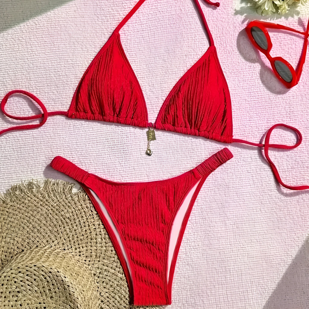 Red high waist pleated bikini set with tied briefs and sleeveless bra, women's two-piece swimwear