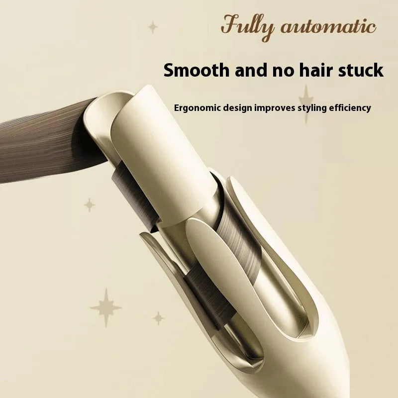 White and pink automatic hair curler with a 32mm rotating ceramic barrel and clamp, resting on a table with international power adapters.
