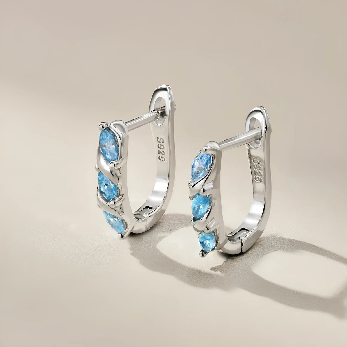 Women's 925 silver blue zircon symmetrical earrings, platinum blue diamond colour, 3 x 14 x 15mm, one pair