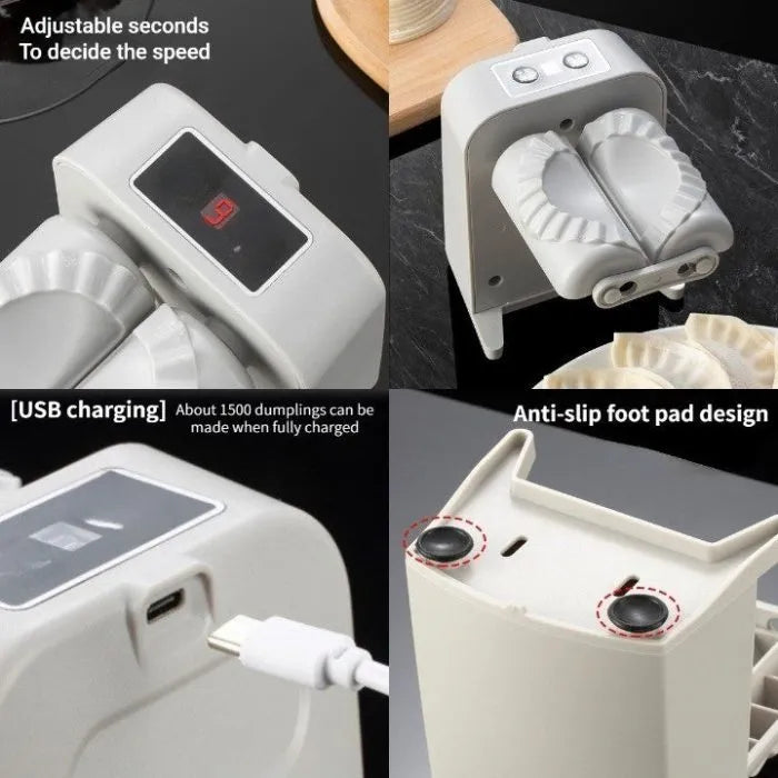 White automatic electric dumpling maker machine with USB cable, brush, and spoon on a kitchen counter.