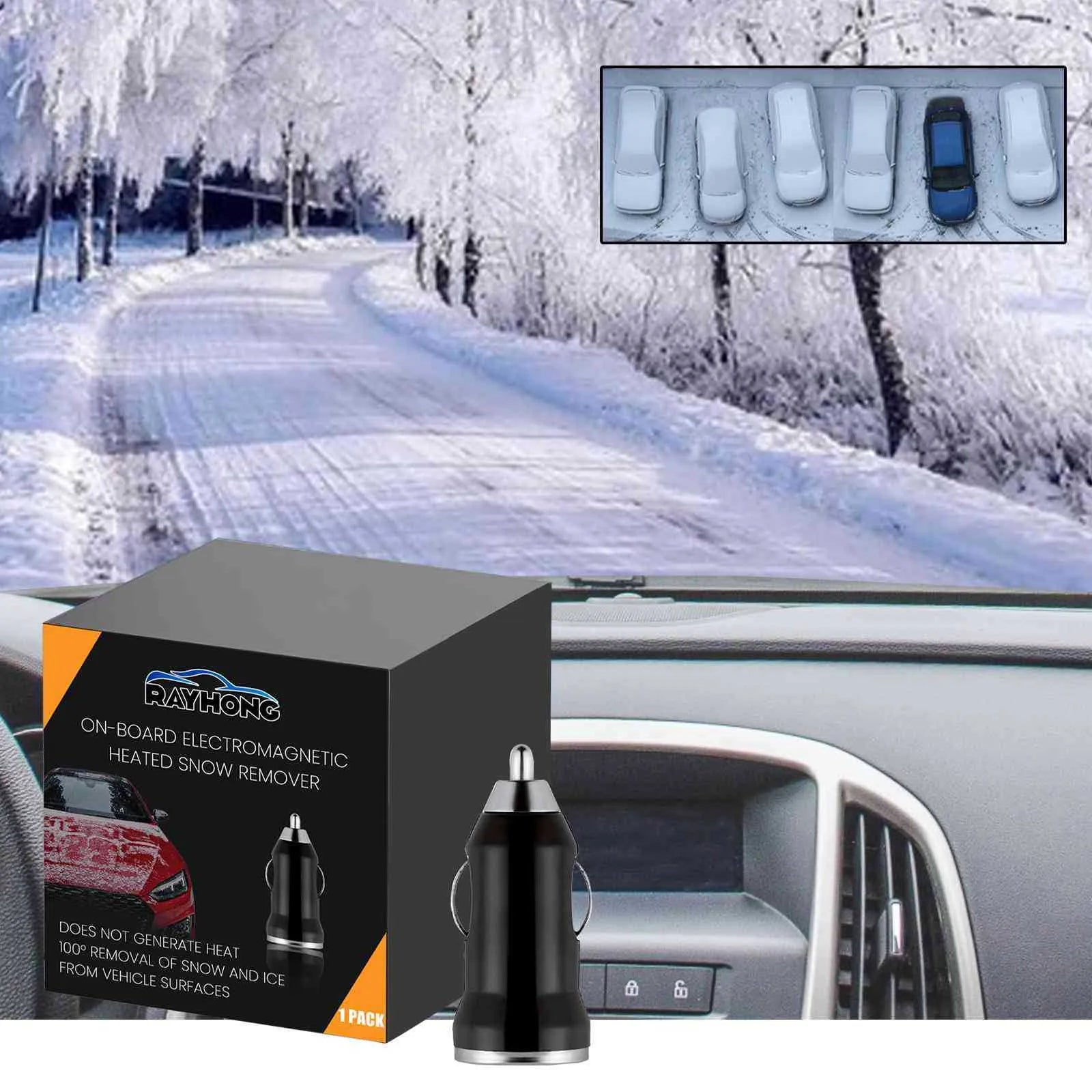 Black car snow deicer charger with built-in ice scraper showing compact 5.5 cm design