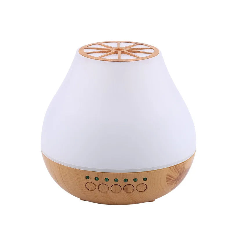 USB-powered ultrasonic essential oil aroma diffuser with wood grain finish and colourful LED lighting effects