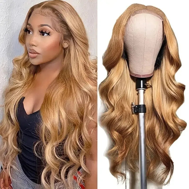 Long light brown curly wig with golden big waves and side bangs on a mannequin head.