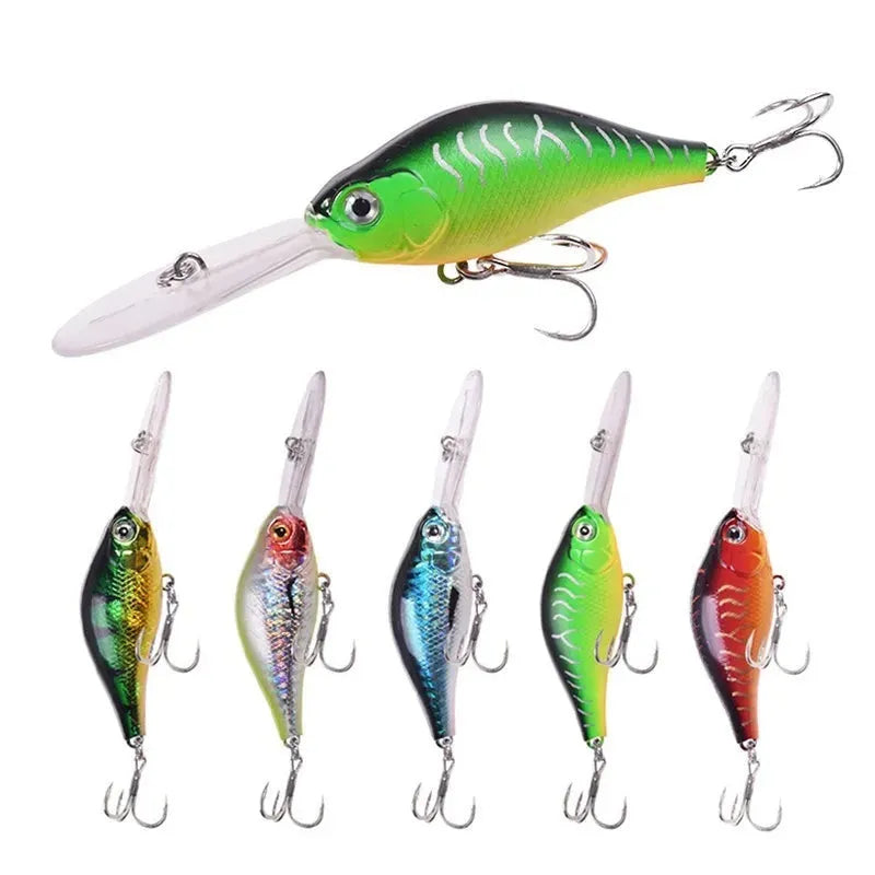 Little Fat Man Deep Diving Mino fishing lure showing long tongue board and colour options.