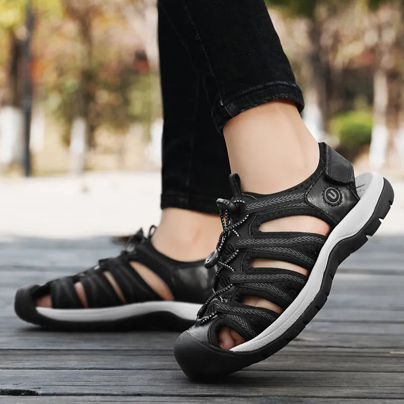 Women's leather mesh sandals with elastic band in black, grey pink, rose red, and black grey.