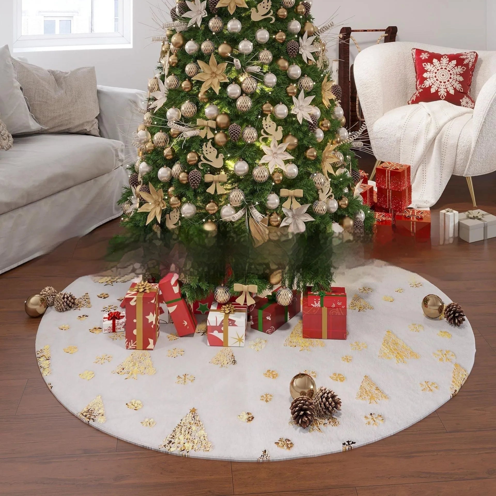 Plush Christmas tree group mat in snowflake star style design on wooden floor