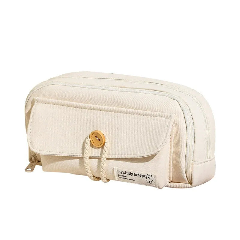 Green canvas pencil case with button closure, large capacity for pens.