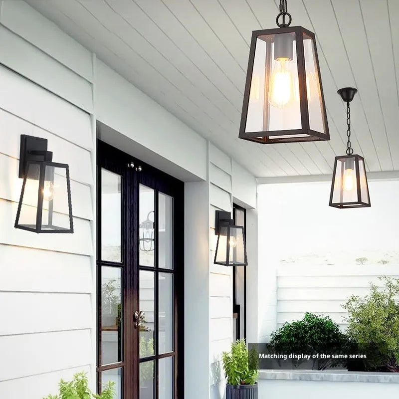 Sand black modern simplicity courtyard outdoor chandelier with trapezoidal glass shade and Edison bulb