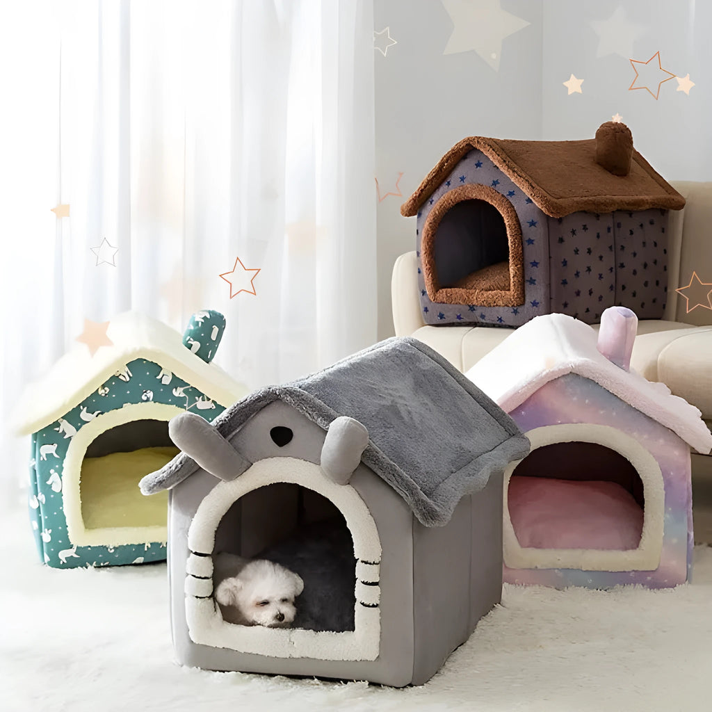 Coral fleece and sponge cat and dog bed house in grey, brown or pink, sizes S M L for small pets
